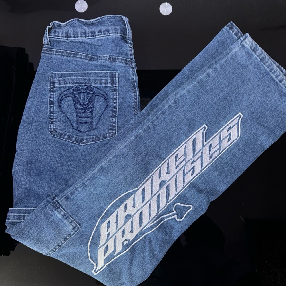 blue Broken Promises baggy jean- reflective graphic + pocket embroidered